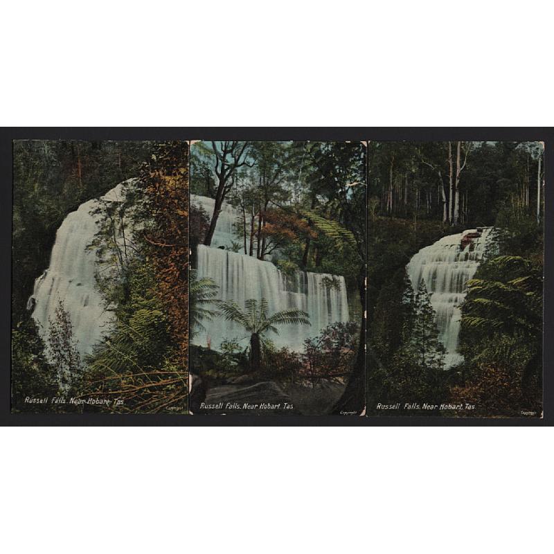 (WW15241) TASMANIA  · 1910: three colour cards by McVilly & Little with views all titled RUSSELL FALLS NEAR HOBART numbered 112, 113 & 115 · any imperfections are minor (3)