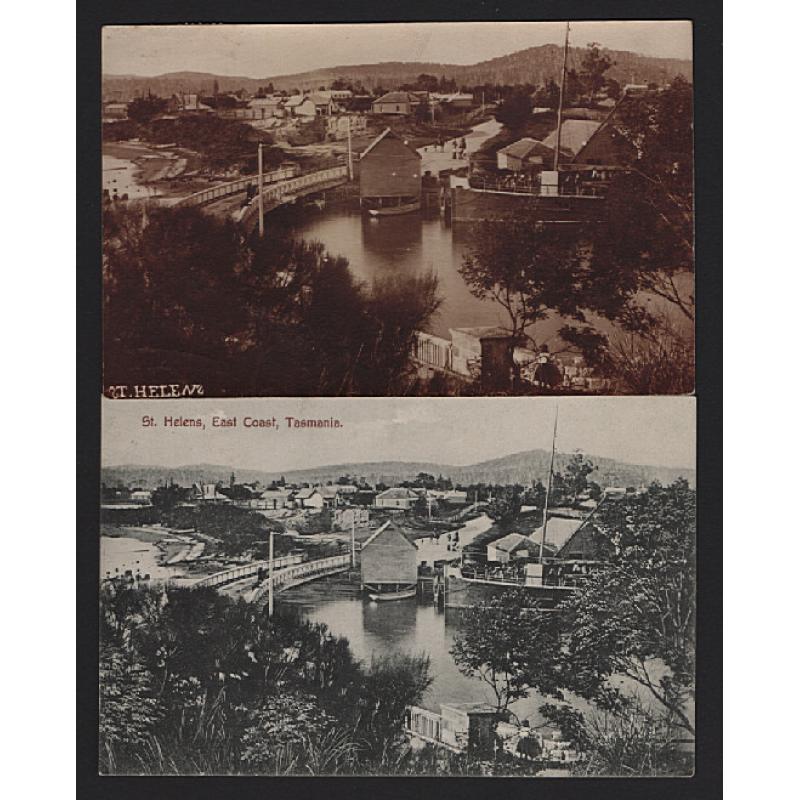 (WW15247) TASMANIA  · c.1910: real photo card w/view of the bridge and wharf at ST HELENS with a printed card (by Spurling for local firm J.C. Macmichael & Co No.390) which used the same photo · both items in fine condition (2)