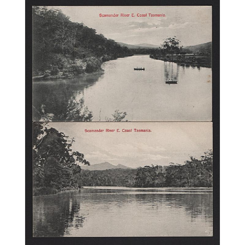 (WW15253) TASMANIA  · c.1910: two unused cards by Spurling & Son with different views of the SCAMANDER RIVER · the card with fishers is unnumbered and postally used · the other card is '188' (2)