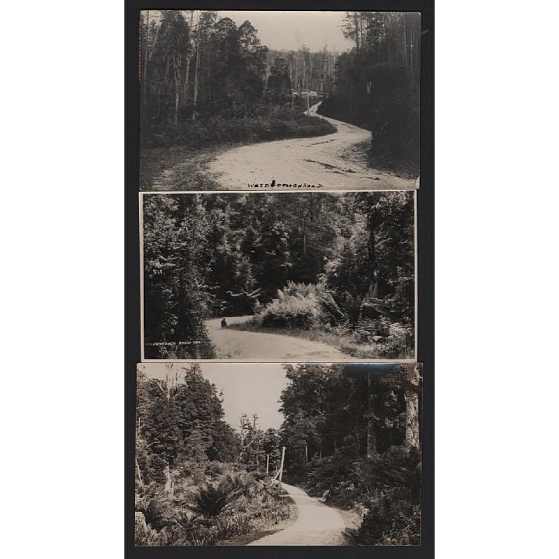 (WW15259) TASMANIA  · 1905/1930s: three real photo cards with roadside viewds near WELDBOROUGH · comprises a used and an unused card by SPURLING and a view of Long Plains Hill by an unidentified photographer · excellent to fine condition throughout (3)