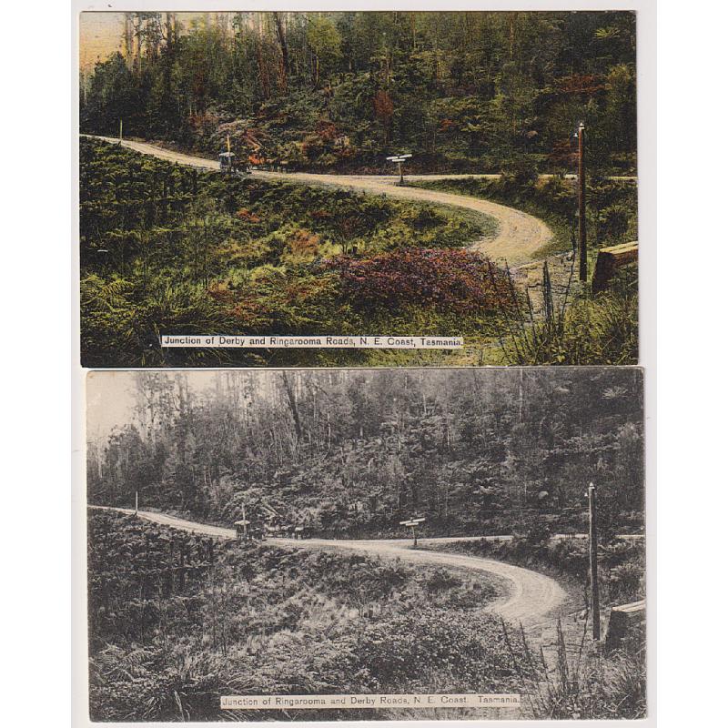 (WW1614) TASMANIA  · 1910: used b&w card by Spurling & Son (No.332) w/view JUNCTION OF RINGAROOMA AND DERBY ROADS · also unused colour version of card but numbered '211' · both in excellent condition (2)