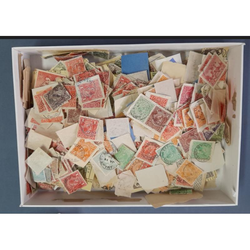 (WW1627B) TASMANIA · iPad box containing an accumulation of several 100 mainly Roos & KGV defins bearing a range of cds · clean lot · a quick search discovered many clear small town postmarks